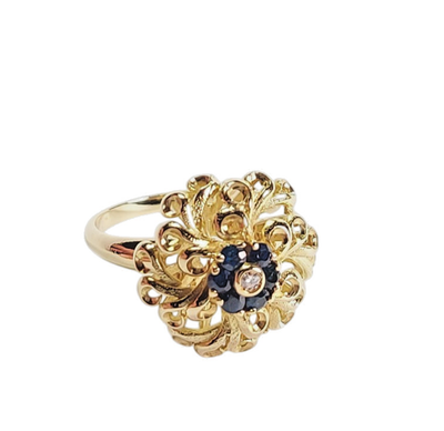 Bague Vintage Années 60 En Or 18K Italienne - Saphirs Et Diamant, Taille ITA 17 (US 8)