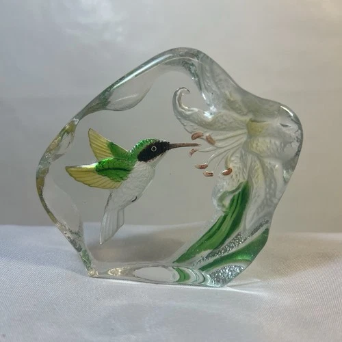 Vintage Murano Style Art Glass Hummingbird Paperweight Etched Mold Audubon Birds