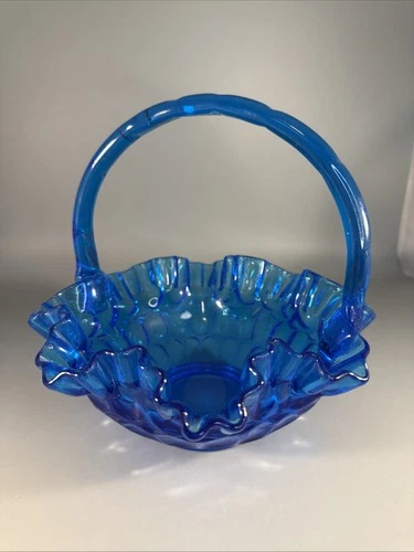 Vintage Fenton Glass Ruffled Rim Cobalt Blue Thumb Print Brides Basket w/Handle