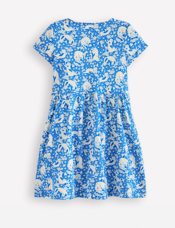 Mini Boden - Blue & White Kitten Meadow Heart Pocket Fun Jersey Dress, Size 7-8