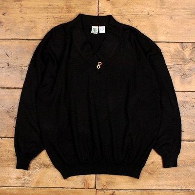 Vintage Basic Edition Pullover Pulli L 80er Gold Detail Damen V-Ausschnitt schwarz