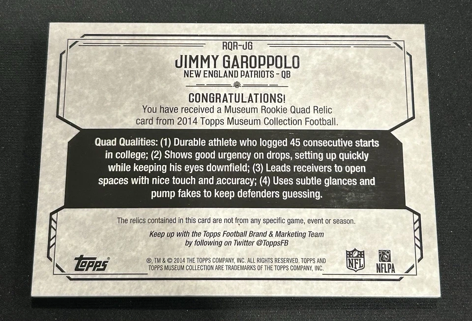Jimmy Garoppolo 2014 Topps Museum Quad Jersey Cooper 01/50 Patriots Rams Patch - Image 2 of 2
