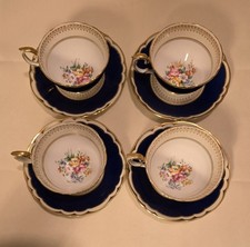 Crown Staffordshire Bone China Tea Cup & Saucer Set of 4 Cobalt Blue Gilt Floral