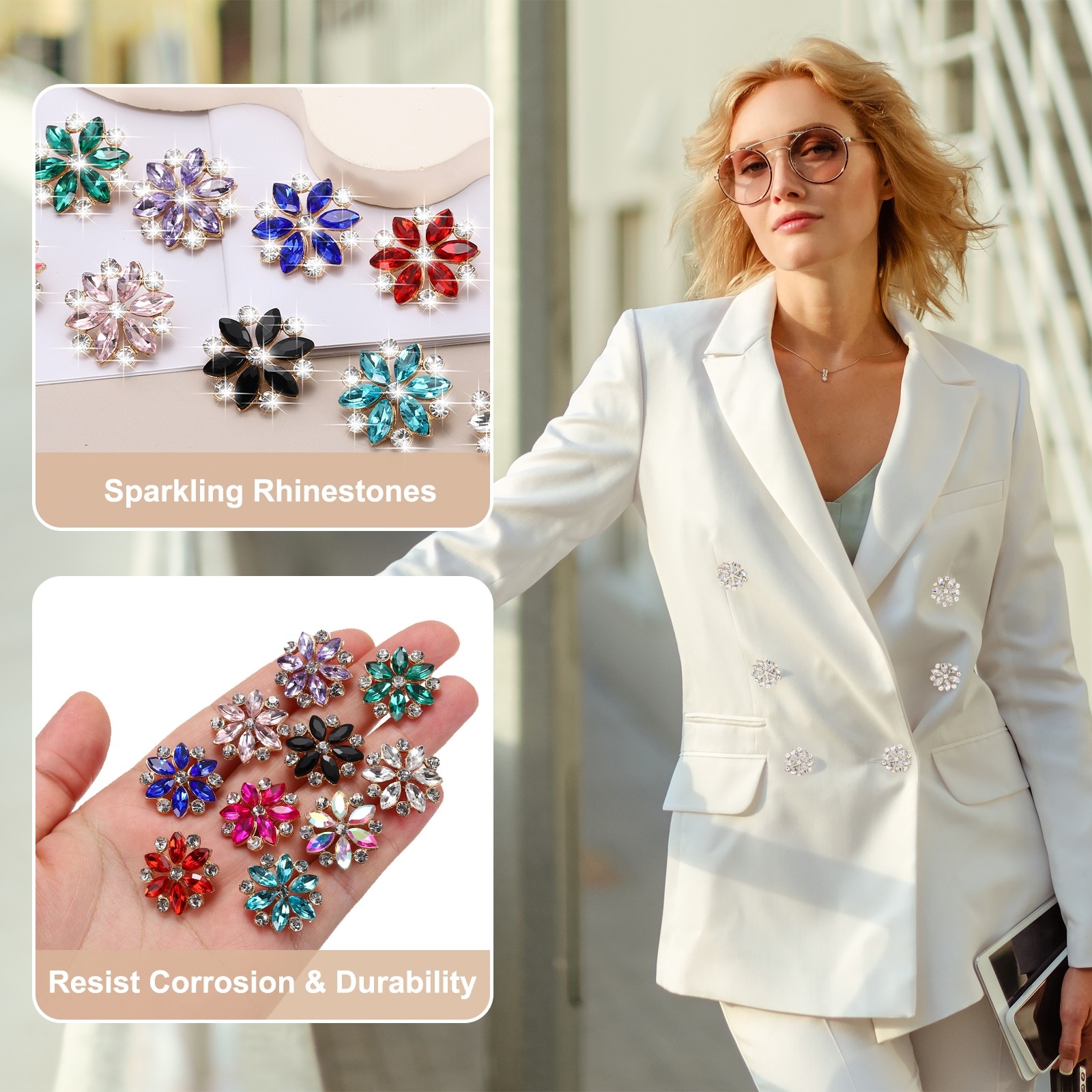 10 Pcs 20mm Metal Rhinestone Buttons, Flower Shape, Black