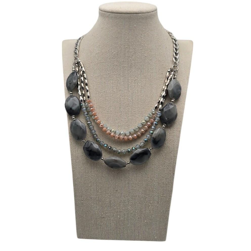 Multi-Layered Gray Beaded Statement Necklace with… - image 3