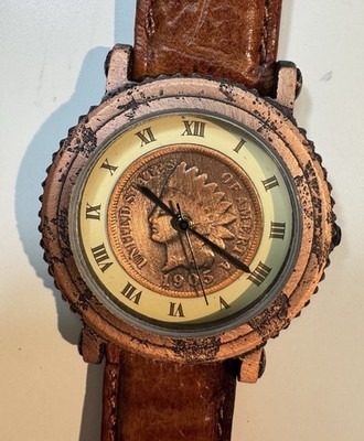 VINTAGE BRITTANIA 1905 Indian Head Penny Quartz Watch Leather
