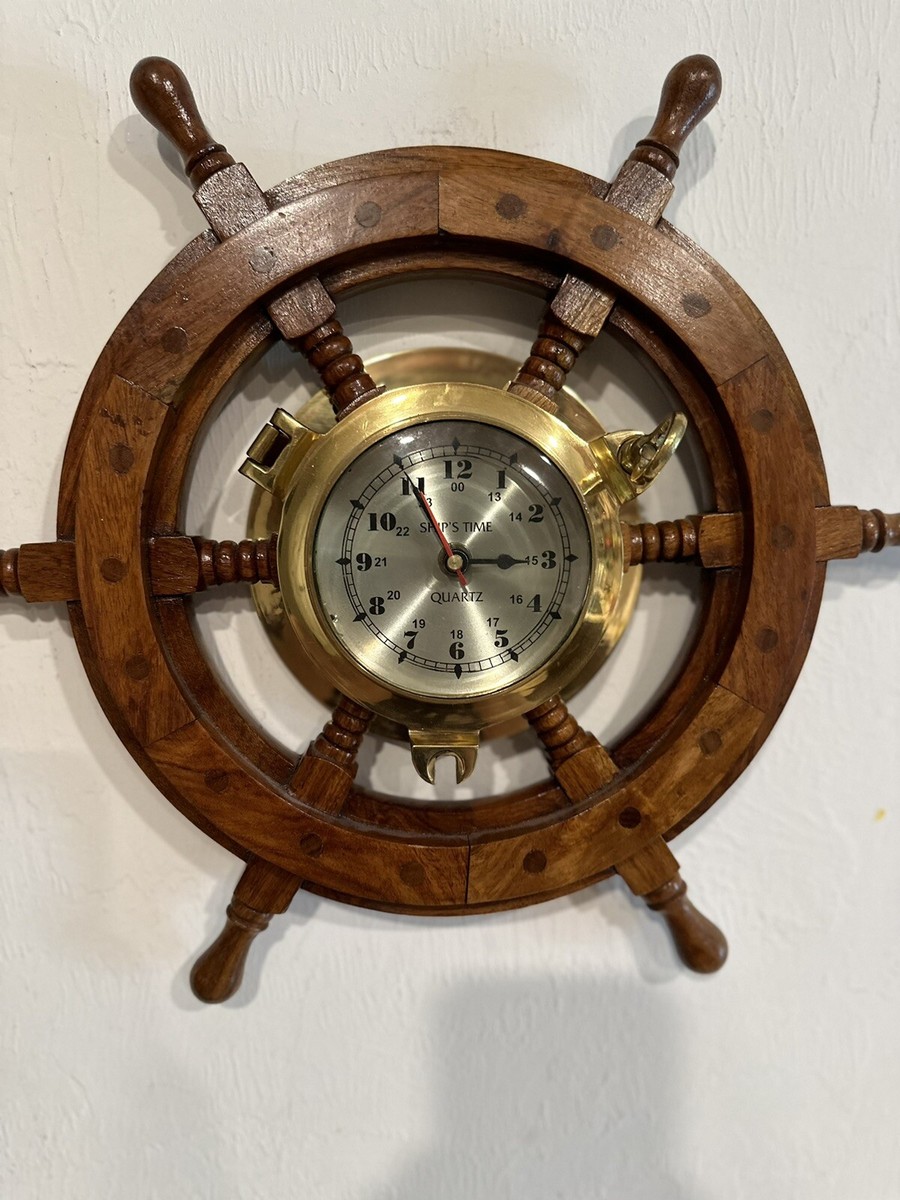 SHIPS TIME QUARTZ WOOD & BRASS SHIPS WHEEL CLOCK BEVELED