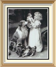 ARTHUR ELSLEY Kunstdruck Kind sagt GUTE NACHT Mutter Collie Hund & Wurf Welpen