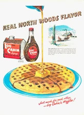 1949 LOG CABIN MAPLE SYRUP breakfast vintage PRINT AD pancakes waffles snow