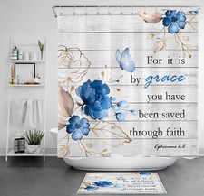Butterfly Vintage Blue Floral Bible Verse Shower Curtain Set for Bathroom Decor