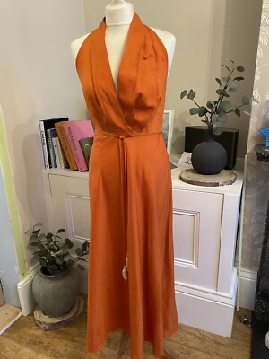 zara orange halter neck dress Linen Blend Backless LARGE BNWT ZARA WOMAN COLLECTIONMidi dress
