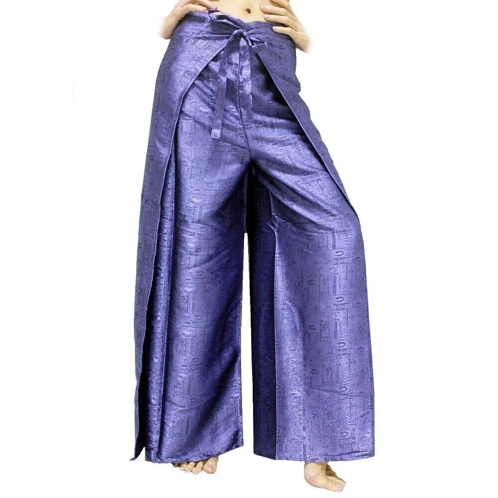 Womens Thai Silk Fisherman Pants Palazzo Sarong Harem Yoga Light Purple  Wide Leg