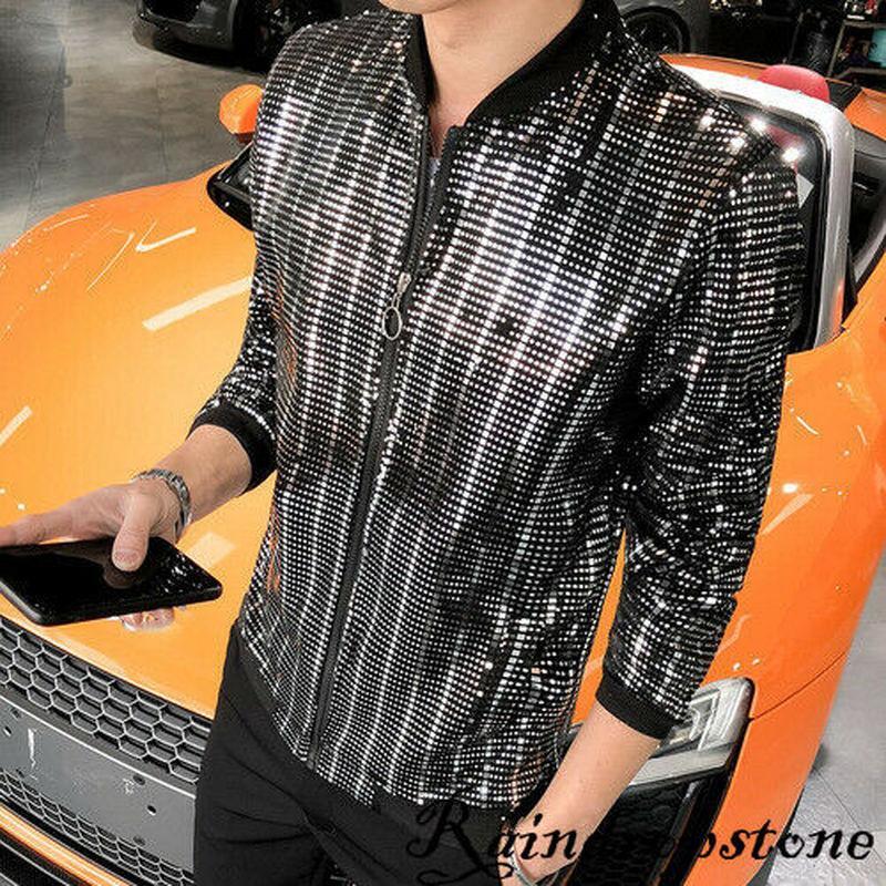 Mens Long Sleeves Glitter Shiny Sequin Short Jacket Coat Zip Slim