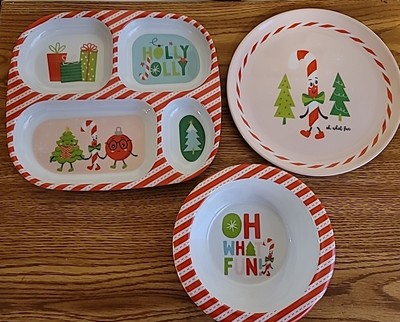 Kids Melamine 3 Piece Christmas Dish Set~2 Plates 1 Bowl