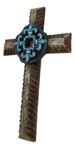 Southwestern Turquoise Fleur De Lis French Lily Faux Wooden Wall Cross Plaque - 第 5/9 張圖片