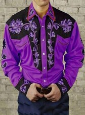Vintage Floral Print Men Purple Color Long Sleeve Button Up Shirt Banquet Dress