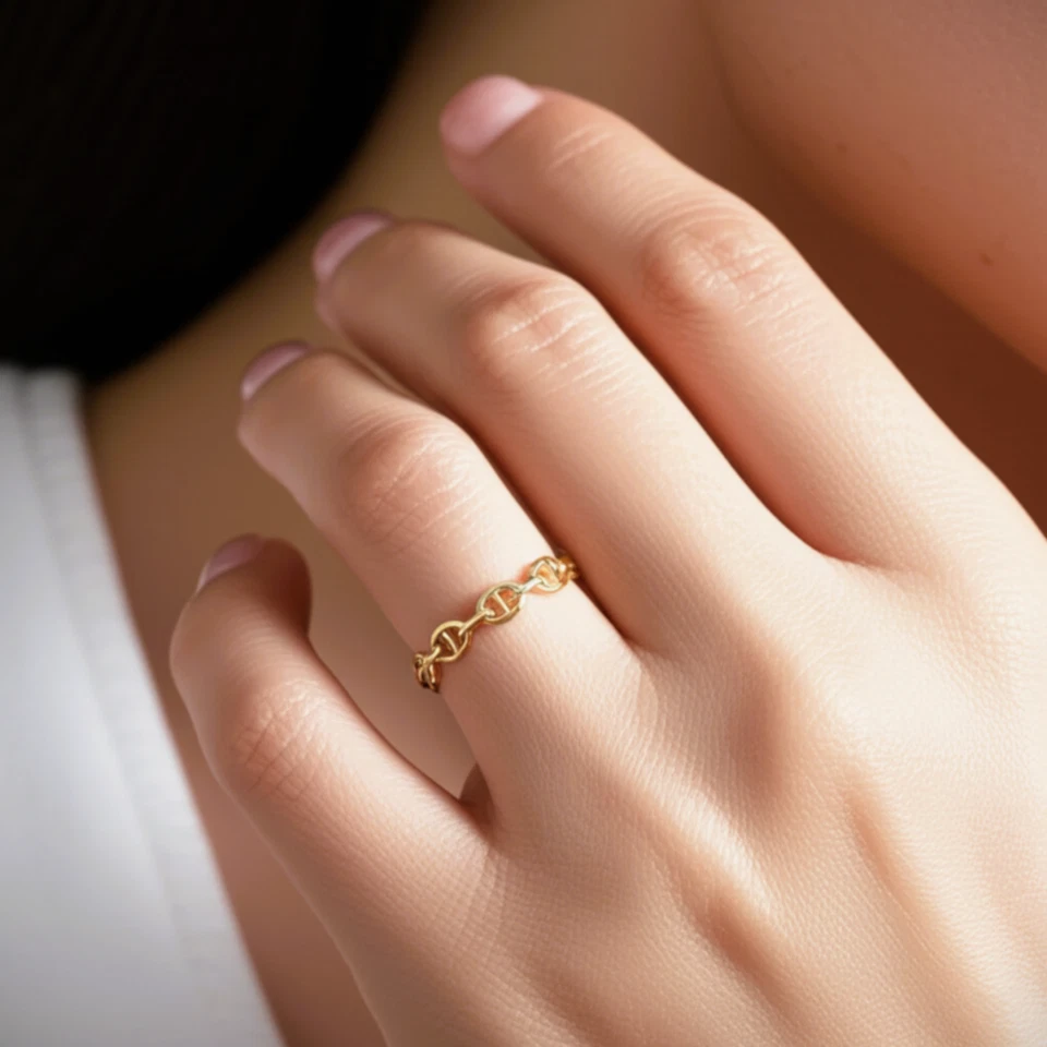 14K Real Solid Yellow Gold Dainty Mariner Link Minimalist Chain Band Ring - Image 2 of 4