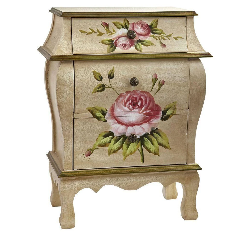 Antigua mesita de noche clásica arte floral 3 cajones tablero de partículas MDF decoración de acento Foto 3 de 4