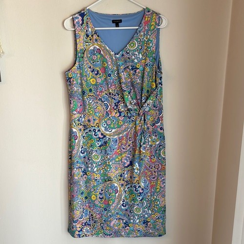 Talbots women PAISLEY SIDE GATHERED SHEATH DRESS V-Neck bright colorful LG NWOT