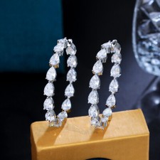 Silver Plated Water Drop Cubic Zirconia Round Circle Hoop Earrings Women Jewelry