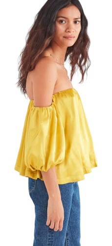 URBAN OUTFITTERS "Dia" Top Off-The-Shoulder Satin Yellow Flowy Lined MEDIUM - Picture 6 of 9