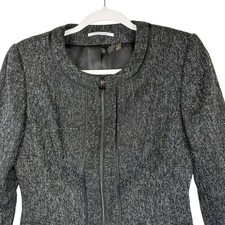 T Tahari Black White Speckle Tweed Zip Front Collarless Blazer Jacket Size US 6