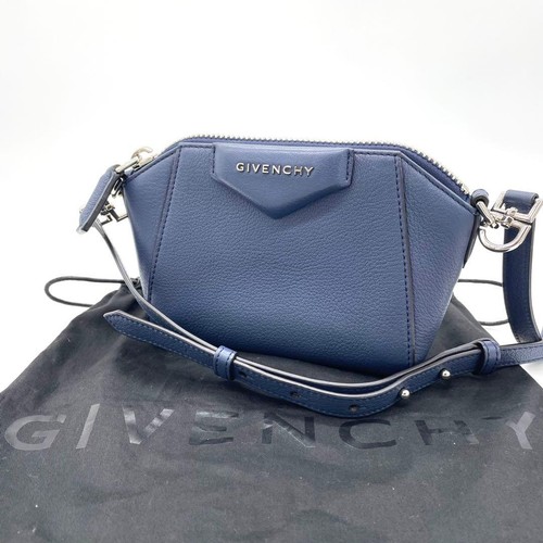 GIVENCHY Antigona Nano Leather Crossbody Shoulder Bag Navy Logo Used From Japan
