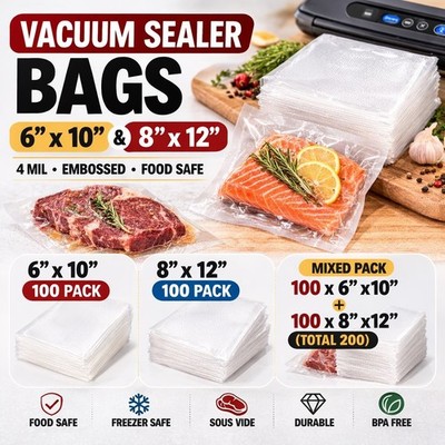 Vacuum Sealer Bags Variety Pack 6x10 8x12 4 Mil Embossed Food Saver