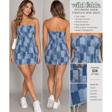 Wild Fable Patchwork Denim Strapless Mini Dress Blue Large Frayed Hem Zip Back