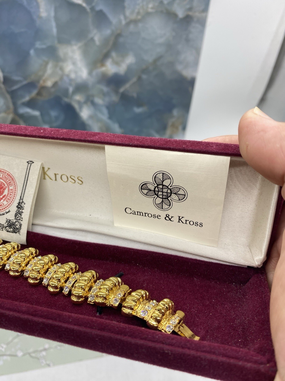 New Camrose & Kross JBK Jackie Kennedy Gold Toned Crystal Link Bracelet  In Box