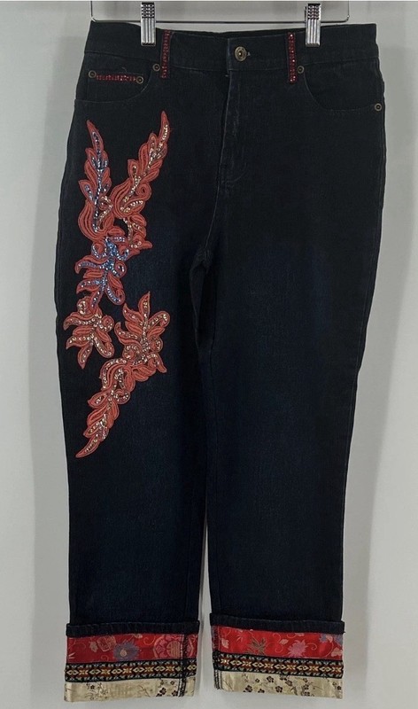 DG2 Diane Gilman Embroidered Sequin Crop Jeans Dark Wash Asian Print Trim Sz 16W