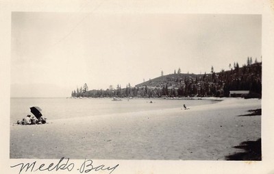 1926 Meek's Bay Beach Lake Tahoe 1920s Photo People Blanket Umbrella Sand Trees