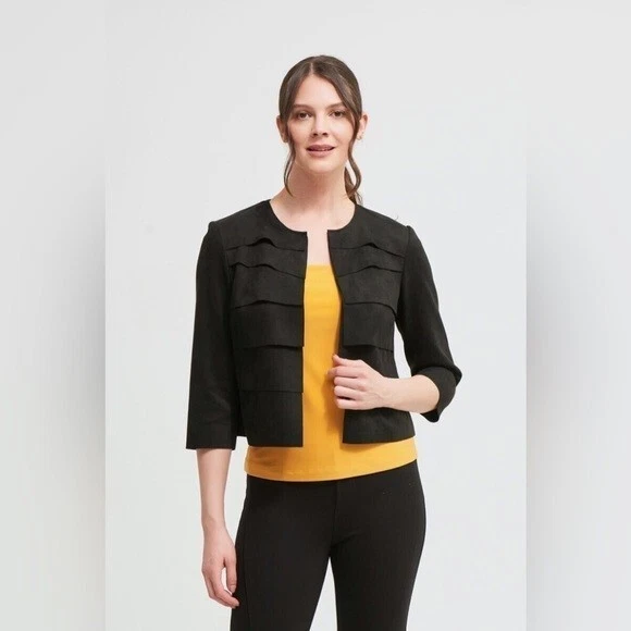 Joseph Ribkoff Cropped Jacket Women's Size 8 US Black Faux Suede Tiered Open - Image 4 of 4