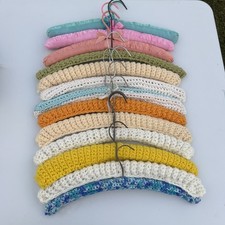 Vintage 1970s Crocheted Wood Hangers Set of 13 Green Yellow Pink Orange MCM