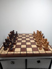Vintage Wegiel Style Wood Chess Set Carved Pieces & Folding 17" Board UK