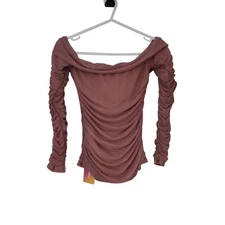 shein sxy womens top light brown off the shoulder runched long sleeve size small