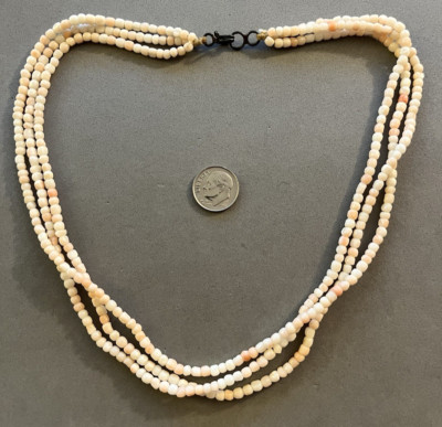 Native American 3 Strands Angel Skin Coral Beads Sterling Hook Clasp Necklace