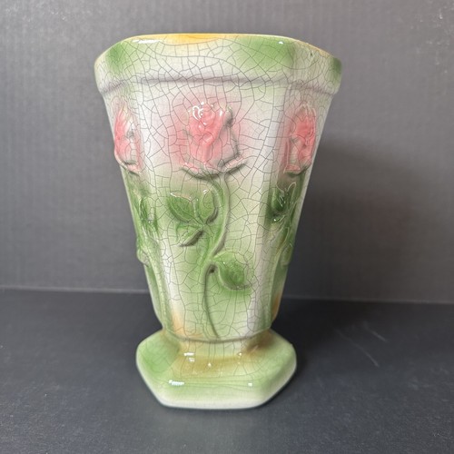 Vintage 1940's Crackle Vase Bloom Rite Shabby Pink Roses Green Crazing ...