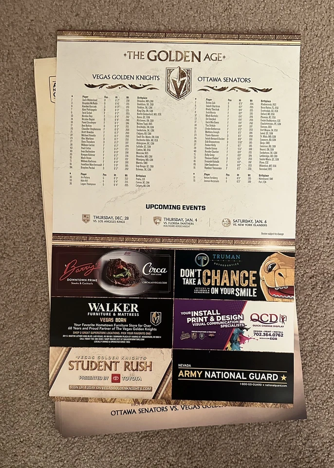 Vegas Golden Knights vs Ottawa Senators Game Poster 12/17/23- Captain Mark Stone - Image 2 of 2