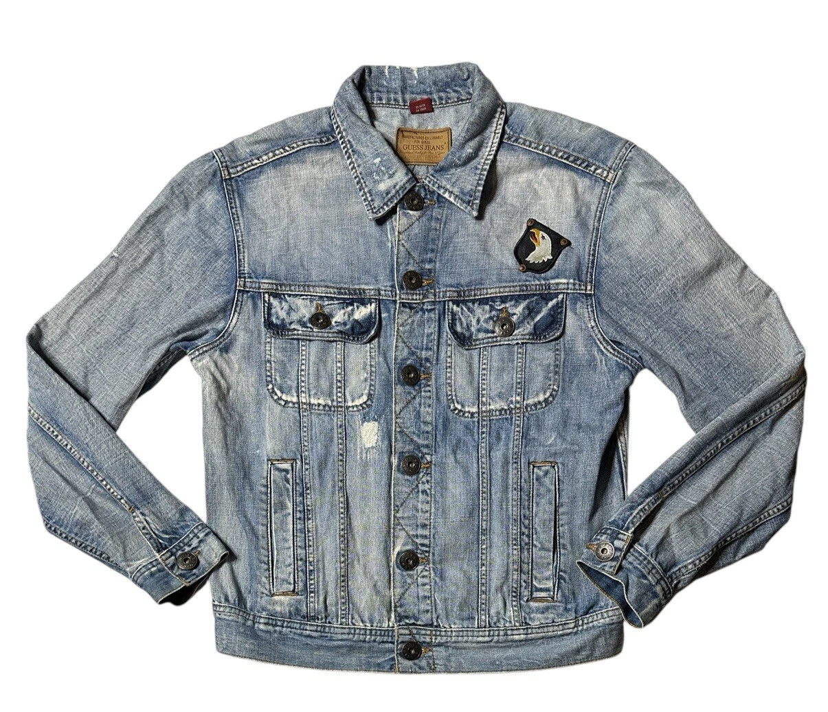 Preowned- Guess Button Front Patchwork Light Wash Denim Jacket Mens (Size M)