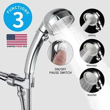 3 Mode Chrome High Pressure Handheld Shower Head w/ON/OFF Pause Switch Durable