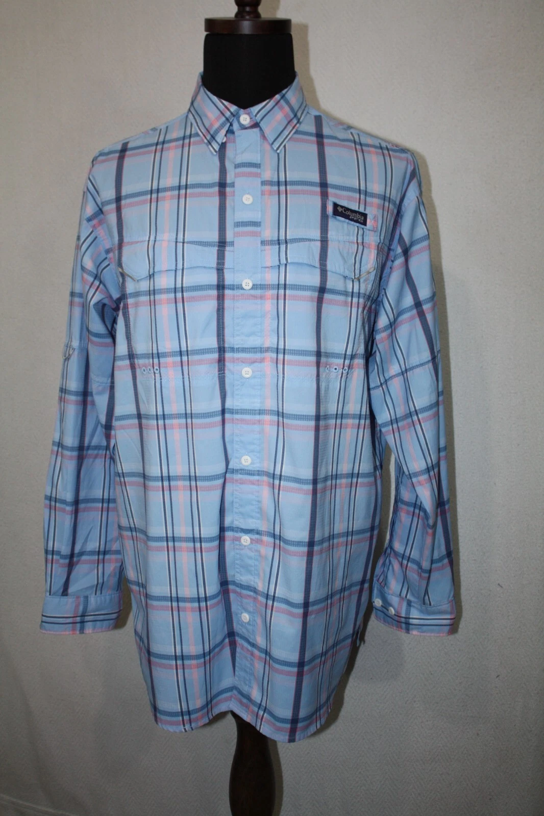 Columbia PFG Lightweight Blue Plaid Vented Fishing Shirt Sz L Long Sleeve