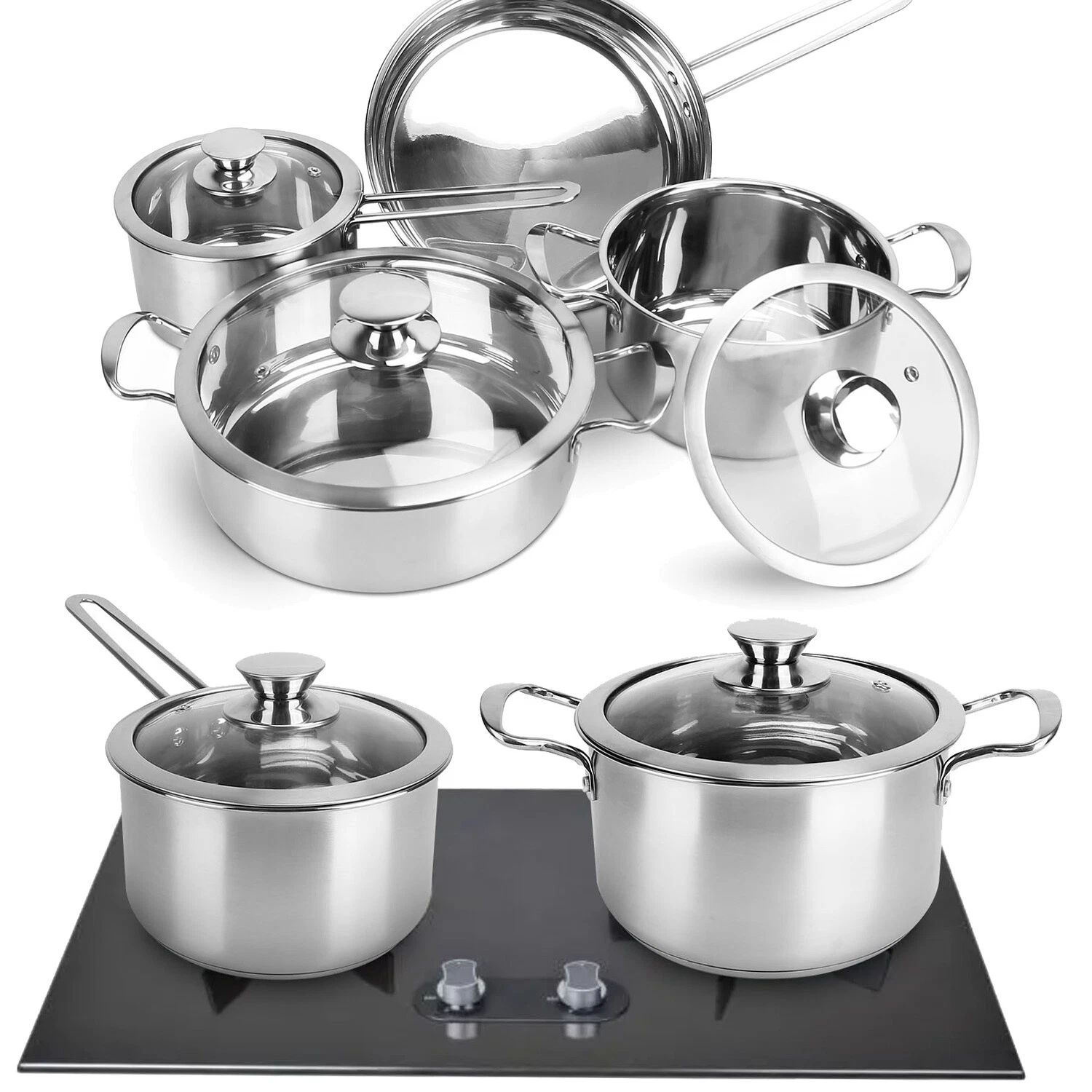 4PCS Stainless Steel Cookware Set Fast Even Heat Pots Pans Frying Pan Stockpot