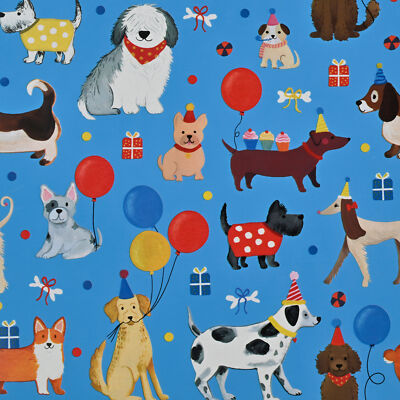 Geschenkpapier 70cm x 2m Rolle Hunde Party Luftballons Geschenkpapierrolle Blau