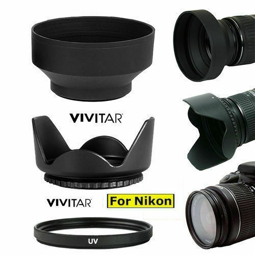 52 mm Gegenlichtblende in Tulpenform & zusammenklappbar + UV-Filter für Nikon D3000 D3100 D90 - Bild 1 von 5