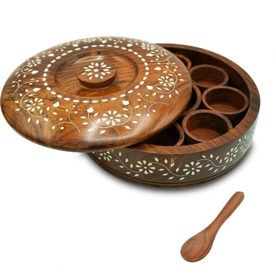 Sheesham Wood Round Spice Box With Spoon For Kitchen
Opens in a new window or tab