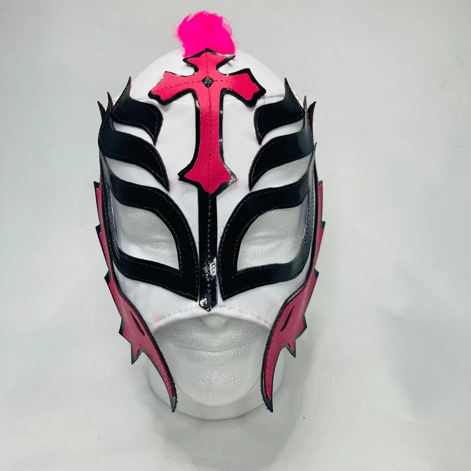 Máscara de lucha libre Mysterio hecha a mano para niños imitación cabello mohawk colores blanco y rosa Foto 2 de 4