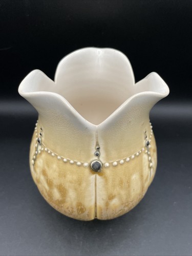 Art Studio Vase - Tulip Shaped Pottery - Yellow Drizzle Glazed - Bead Dot Decor - Picture 2 of 10