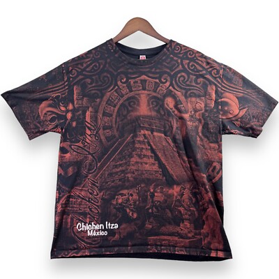 Chichen Itza Mexico Full Graphic T Shirt XL Orange Short Sleeve Crew Neck Euro