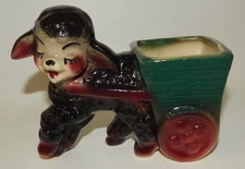 Vintage Art Pottery Black Lamb Pulling Flower Cart - Succulent Planter